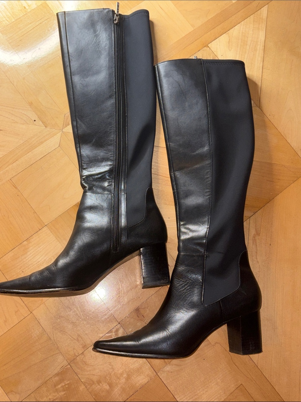 Donald J. Pliner Black Leather Knee-High Pointed Toe Block Heel Boots